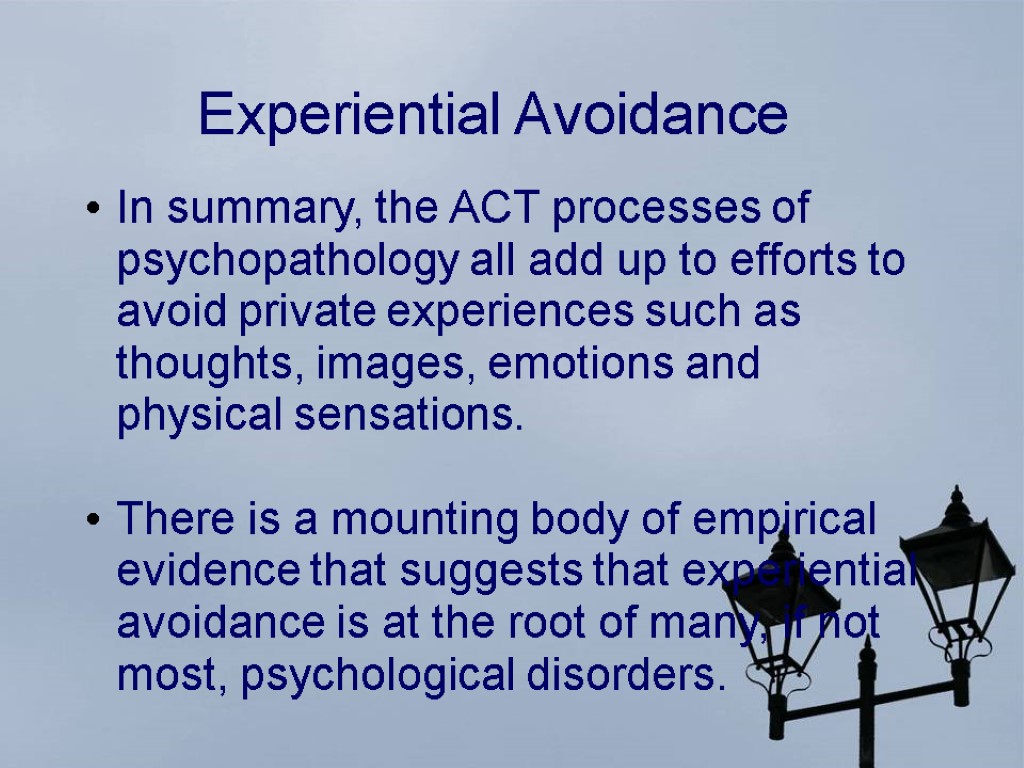 In summary, the ACT processes of psychopathology all add up to efforts to avoid